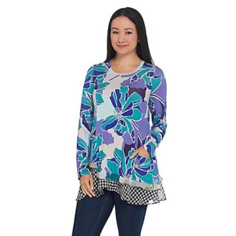 LOGO Lori Goldstein Women's Small Neptune Blue Mixed Print Asymmetrical Hem Top
